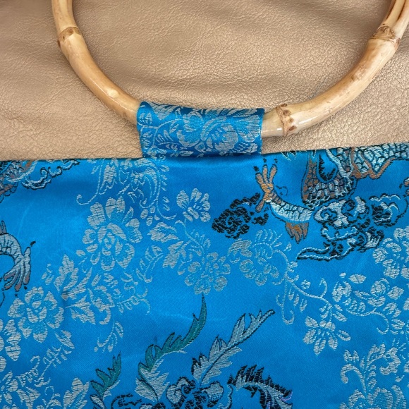 Elegant Blue Gold Brocade Tote Bag Bamboo Wooden Ring Handles Statement - Picture 8 of 8